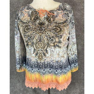 Christopher Banks Top Womens XL Blue Rhinestones Lace Blouse Boho Cottage Core